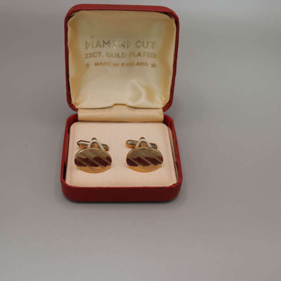 Vintage 22ct Gold Plated Diamond Cut Oval Cufflinks Boxed Made in England