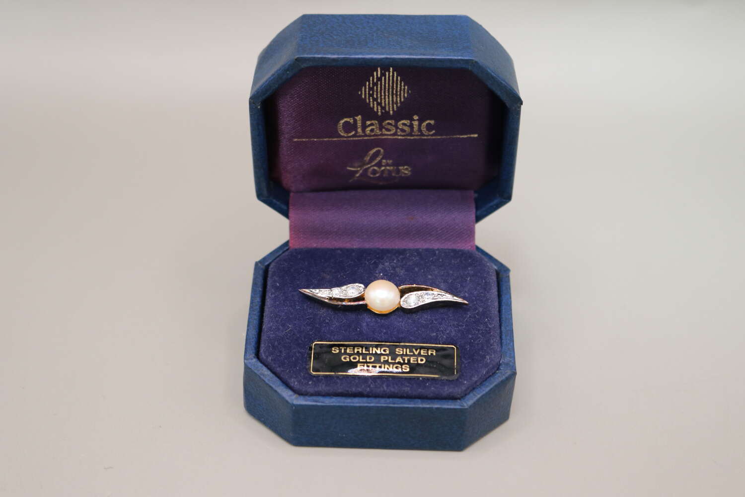 Vintage Lotus Gold Plated Sterling Silver Pearl & Clear Stone Brooch Boxed
