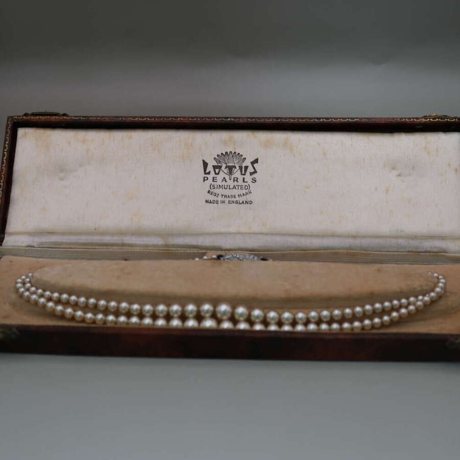 Vintage Lotus Double Strand Graduated Simulated Pearl Necklace Boxed 38cm