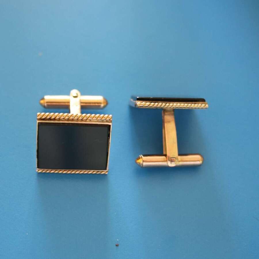 Vintage 14ct Gold Black Onyx Rectangular Cufflinks 9g Boxed