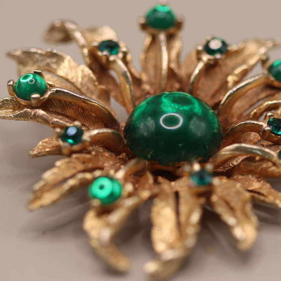Vintage 1960s Gold Tone Green Cabochon Rhinestone Floral Spray Brooch