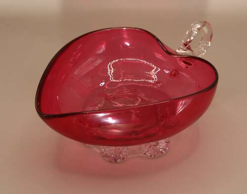 Victorian Cranberry Glass Heart Shaped Sweetmeat Dish Clear Handle & Feet c1890