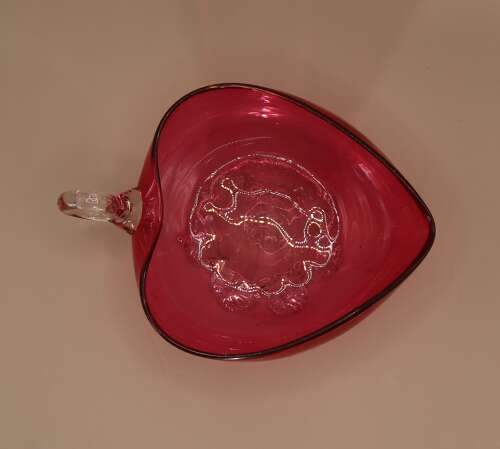 Victorian Cranberry Glass Heart Shaped Sweetmeat Dish Clear Handle & Feet c1890