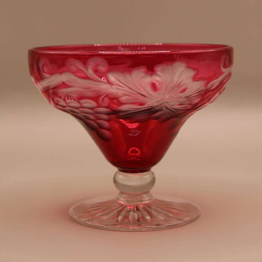 Vintage Bohemian Ruby Red Cut to Clear Glass Grape & Vine Footed Compote